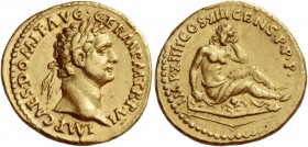 Domitian augustus, 81 – 96. Aureus 86, AV 7.48 g. IMP CAES DOMIT AVG – GERM P M TR P VI Laureate head r. Rev. IMP XIIII COS XIII CENS P P P Germania s...