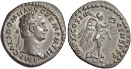 Domitian augustus, 81 – 96. Quinarius 86, AR 1.06 g. IMP CAES DOMIT AVG GERM P M TR P V Laureate head r. Rev. IMP XI COS XII – CENS P P P Victory adva...