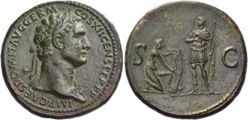 Domitian augustus, 81 – 96. Sestertius 86, Æ 26.30 g. IMP CAES DOMIT AVG GERM – COS XII CENS PER P P Laureate head r., with aegis. Rev. S C Domitian s...