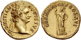 Domitian augustus, 81 – 96. Aureus 92-94, AV 7.45 g. DOMITIANVS AVGVSTVS Laureate head r. Rev. GERMANICVS COS XVI Minerva standing l., holding spear i...