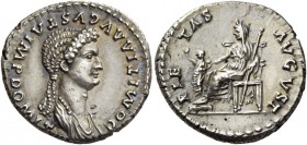 Domitia, wife of Domitian. Denarius 82-83, AR 3.59 g. DOMITIA AVGVSTA IMP DOMIT Draped bust r. Rev. PIE – TAS – AVGVST Pietas seated l., holding scept...