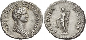 Diva Domitilla the younger, daughter of Vespasian and sister of Domitian. Denarius 82-83, AR 3.41 g. DIVA DOMITILLA AVGVSTA Draped bust r., hair in lo...