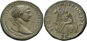 Trajan 98 – 117. Sestertius 106-107, Æ 27.71 g. IMP CAES NERVAE TRAIANO AVG GER DAC P M TR P COS V P P Laureate head r., with drapery on l. shoulder. ...