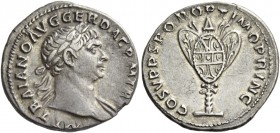 Trajan 98 – 117. Denarius circa 107-108, AR 3.43 g. IMP TRAIANO AVG GER DAC P M TR P Laureate and draped bust r. Rev. COS V P P S P Q R OPTIMO PRINC T...