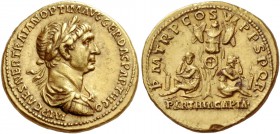 Trajan 98 – 117. Aureus after 20 February – circa Autumn 116, AV 7.37 g. IMP CAES NER TRAIAN OPTIM AVG GER DAC PARTHICO Laureate, draped and cuirassed...