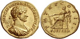 Hadrian, 117 – 134. Aureus 118, AV 7.28 g. IMP CAESAR TRAIAN HADRIANVS AVG Laureate, draped and cuirassed bust r. Rev. P M TR P C – OS II Fortuna seat...