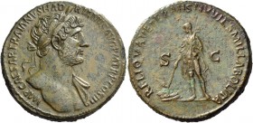 Hadrian, 117 – 134. Sestertius 119-121, Æ 23.53 g. IMP CAESAR TRAIANVS HAD – RIANVS AVG P M TR P COS III Laureate bust r. with drapery on l. shoulder....