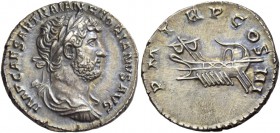 Hadrian, 117 – 134. Denarius 119-122, AR 3.02 g. IMP CAESAR TRAIAN HADRIANVS AVG Laureate, draped and cuirassed bust r. Rev. P M TR P COS – III Galley...