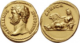 Hadrian, 117 – 134. Aureus 134-138, AV 7.31 g. HADRIANVS – AVG COS III P P Bareheaded bust l., with drapery on r. shoulder. Rev. AFRICA Africa with el...
