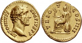 Antoninus Pius, 138 – 161. Aureus 145-161, AV 7.31 g. ANTONINVS – AVG PIVS P P Bare head r. Rev. TR PO – T – COS IIII Roma seated l., holding Palladiu...