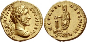 Antoninus Pius, 138 – 161. Aureus 158-159, AV 7.28 g. ANTONINVS – AVG PIVS P P Laureate and cuirassed bust r. Rev. VOTA SOL – DECENN II Antoninus veil...
