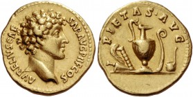 Marcus Aurelius caesar, 139 – 161. Aureus 140-144, AV 6.74 g. AVRELIVS CAE – SAR AVG P II F COS Bare head r. Rev. PIETAS AVG Knife, sprinkler, jug, li...