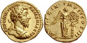 Marcus Aurelius, 161-180. Aureus December 164-August 165, AV 7.33 g. ANTONINVS AVG – ARMENIACVS Laureate and cuirassed bust r. Rev. P M TR P XIX·IMP I...