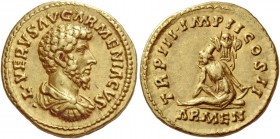 Lucius Verus, 161 – 169. Aureus 163, AV 7.30 g. L VERVS AVG ARMENIACVS Draped, cuirassed and bare-headed bust r. Rev. TR P III·IMP II COS II Armenia s...