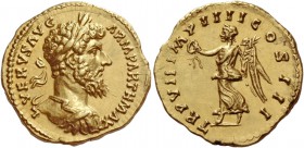 Lucius Verus, 161 – 169. Aureus 166-167, AV 7.29 g. L VERVS AVG – ARM PARTH MAX Laureate and cuirassed bust r. Rev. TR P VII IMP IIII COS III Victory ...