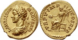Commodus, 177 – 192. Aureus 180, AV 7.25 g. L AVREL COM – MODVS AVG Laureate, draped and cuirassed bust l. Rev. TR P V IMP – IIII COS II P P Victory s...