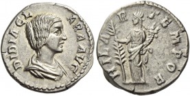 Didia Clara, daughter of Didius Julianus. Denarius 193, AR 2.94 g. DIDIA CL – ARA AVG Draped bust r. Rev. HILA – R – TEMPOR Hilaritas standing l., hol...
