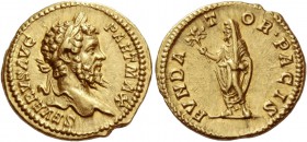 Septimius Severus, 193 – 211. Aureus 201, AV 7.37 g. SEVERVS AVG – PART MAX Laureate head r. Rev. FVNDA – T – OR·PACIS Septimius Severus veiled, stand...