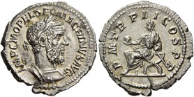 Macrinus, 217 – 218. Denarius 217, AR 2.75 g. IMP C M OPEL SEV – MACRINVS AVG Laureate and cuirassed bust r. Rev. P M TR P – II COS P P Macrinus seate...