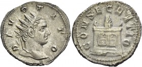 Consecration coins of Trajan Decius, 249 – 251. Consecration issue of Titus. Antoninianus 250-251, AR 3.87 g. DIVO TITO Radiate head of Divus Titus r....