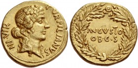 Octavian as Augustus, 27 BC – 14 AD
P. Petronius Turpilianus. Aureus circa 19 BC, AV 8.02 g. TVRPILIANVS – III·VIR Ivy-wreathed head of Liber r. Rev....