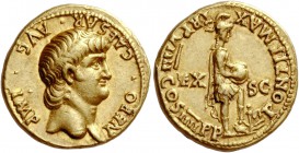 Nero augustus, 54 – 68
Aureus 62-63, AV 7.63 g. NERO CAESAR AVG IMP Bare head r. Rev. PONTIF MAX – TR P VIIII COS IIII P P Roma, helmeted and in mili...