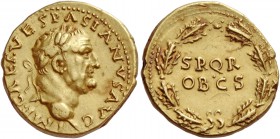 Vespasian, 69 – 79
Aureus, Antiochia 70, AV 7.78 g. IMP CAES VESPASIANVS AVG Laureate head r. Rev. SPQR / OB CS within oak wreath. C –. BMC –. RIC 15...