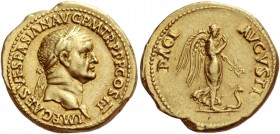 Vespasian, 69 – 79
Aureus, Lugdunum 71, AV 7.29 g. IMP CAES VESPASIAN AVG P M TR PPP COS III Laureate head r. Rev. PACI – AVGVSTI Pax-Nemesis advanci...
