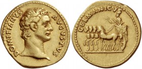 Domitian augustus, 81 – 96
Aureus 92-94 (?), AV 7.54 g. DOMITIANVS – AVGVSTVS Bare head r. Rev. GERMANICVS Domitianus driving slow quadriga l., holdi...