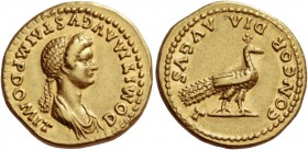 Domitia, wife of Domitian
Aureus 82–83, AV 7.73 g. DOMITIA AVGVSTA IMP DOMIT Draped bust r., hair massed in front and in long plait behind. Rev. CONC...