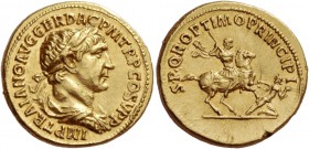 Trajan, 98 – 117
Aureus circa 103–111, AV 7.37 g. IMP TRAIANO AVG GER DAC P M TR P COS V P P Laureate, draped and cuirassed bust r. Rev. S P Q R OPTI...