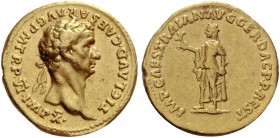 Trajan, 98 – 117
In the name of Claudius. Aureus, restitution issue by Trajan circa 112-113, AV 7.09 g. TI CLAVD CAESAR AVG P M TR P VI IMP X Laureat...