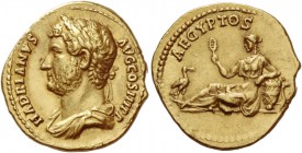 Hadrian, 117 – 138
Aureus 134-138, AV 7.27 g. HADRIANVS – AVG COS III P P Laureate and draped bust l. Rev. AEGYPTOS Egypt reclining l., holding sistr...