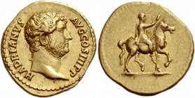 Hadrian, 117 – 138
Aureus 134-138, AV 7.27 g. HADRIANVS – AVG COS III P P Bare head r. Rev. Emperor on horseback r., raising r. hand. C 1502. BMC 785...