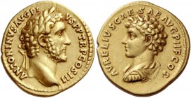 Antoninus Pius, 138-161
Aureus 140, AV 7.15 g. ANTONINVS AVG PI – VS P P TR P COS III Laureate head of Antoninus Pius r. Rev. AVRELIVS CAESAR AVG P I...