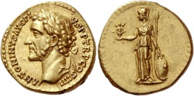 Antoninus Pius, 138-161
Aureus circa 145-161, AV 7.38 g. ANTONINVS AVG PI – VS P P TR P COS IIII Laureate head l. Rev. Minerva standing l., holding V...