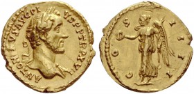 Antoninus Pius, 138-161
Quinarius circa 152-153, AV 3.65 g. ANTONINVS AVG PI – VS P P TR P XVI Bareheaded bust r. with drapery on l. shoulder. Rev. C...
