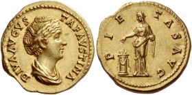 Faustina I, wife of Antoninus Pius
Diva Faustina. Aureus after 141, AV 7.32 g. DIVA AVGVS – TA FAVSTINA Draped bust r., hair waved and coiled on top ...