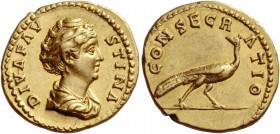 Faustina I, wife of Antoninus Pius
Diva Faustina. Aureus after 141, AV 7.30 g. DIVA FAV – STINA Draped bust r., hair coiled on top of head. Rev. CONS...