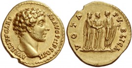 Marcus Aurelius caesar, 139 – 161
Aureus 145-146, AV 7.31 g. AVRELIVS CAES – AR AVG PII F COS II Bare head r. Rev. VOTA PV – BLICA Faustina II, on l....