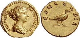 Faustina II, wife of Marcus Aurelius and daughter of Antoninus Pius
Aureus circa 138-161, AV 7.11 g. FAVSTINA – AVG PII AVG FIL Draped bust r., hair ...