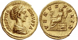 Crispina, wife of Commodus
Aureus 180-183, AV 7.25 g. CRISPINA – AVGVSTA Draped bust r., hair in coil at back. Rev. VENVS – F – ELIX Venus seated l.,...