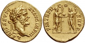 Septimius Severus, 193 – 211
Aureus 194, AV 7.18 g. L SEPT SEV PE – RT AVG IMP III Laureate head r. Rev. P M TR P II – C – O – S II P P Jupiter, on r...
