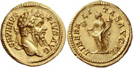 Septimius Severus, 193 – 211
Aureus 202-210, AV 7.17 g. SEVERVS – PIVS AVG Laureate head r. Rev. LIBERA – LI – TAS AVG VI Liberalitas standing l., ho...