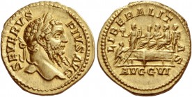 Septimius Severus, 193 – 211
Aureus circa 209, AV 7.14 g. SEVERVS – PIVS AVG Laureate head r. Rev. LIBERALIT – AS Septimius Severus, Caracalla and Ge...
