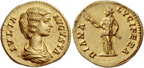 Julia Domna, wife of Septimius Severus
Aureus 196-211, AV 7.34 g. IVLIA – AVGVSTA Draped bust r. Rev. DIANA – LVCIFERA Diana standing l., holding tor...