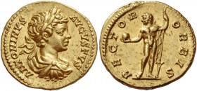 Caracalla, 198 – 217
Aureus 199-200, AV 7.27 g. ANTONINVS – AVGVSTVS Laureate, draped and cuirassed youthful bust r. Rev. RECTOR – ORBIS Caracalla as...