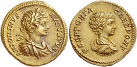 Caracalla, 198 – 217
Aureus circa 201, AV 7.38 g. ANTONINVS – AVGVSTVS Laureate, draped and cuirassed bust of Caracalla r. Rev. P SEPT GETA – CAES PO...
