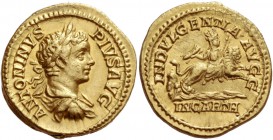 Caracalla, 198 – 217
Aureus 203-204, AV 7.08 g. ANTONINVS – PIVS AVG Laureate, draped and cuirassed bust r. Rev. INDVLGENTIA AVGG Cybele-Dea Caelesti...