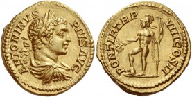 Caracalla, 198 – 217
Aureus 205, AV 7.01 g. ANTONINVS – PIVS AVG Laureate, draped and cuirassed bust r. Rev. PONTIF TR P – VIII COS II Mars standing ...